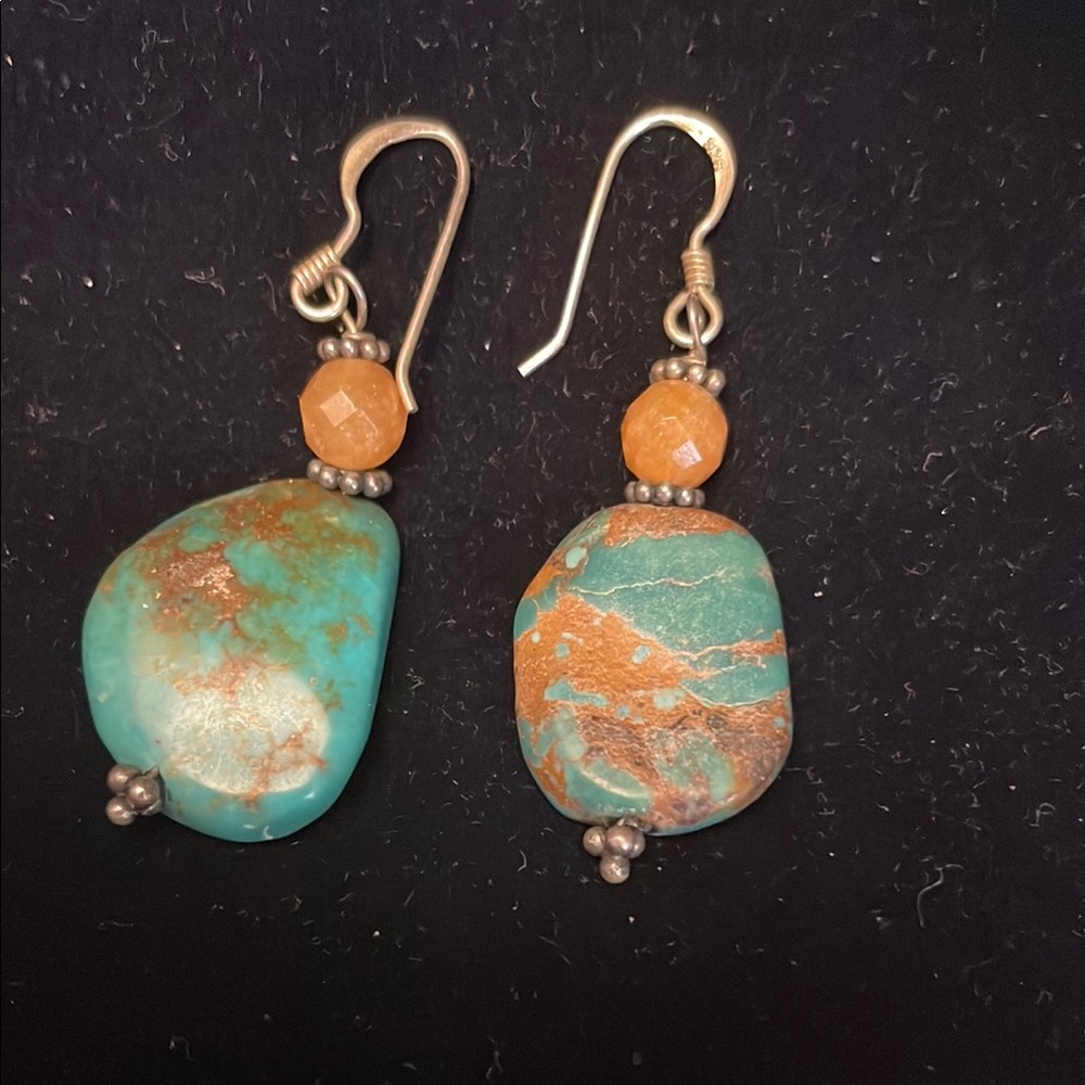 Vintage Turquoise and Orange Stone Dangle Earrings